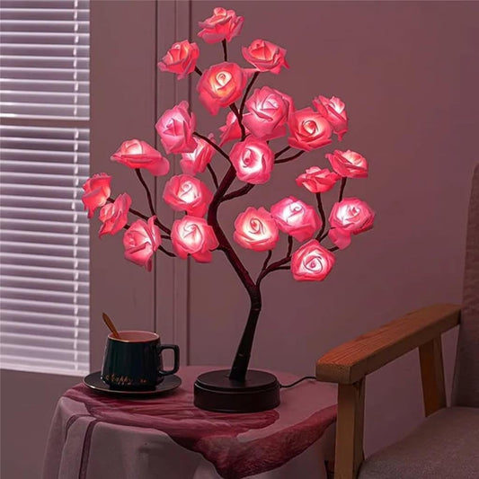 Rose Tree Night Light Rose Tree Lamp Colorful Light up LED Rose Tree Table Lamp USB Operated Lighted Tree Gifts for Valentine'S Day Anniversary Bedroom Decoration, Pink A
